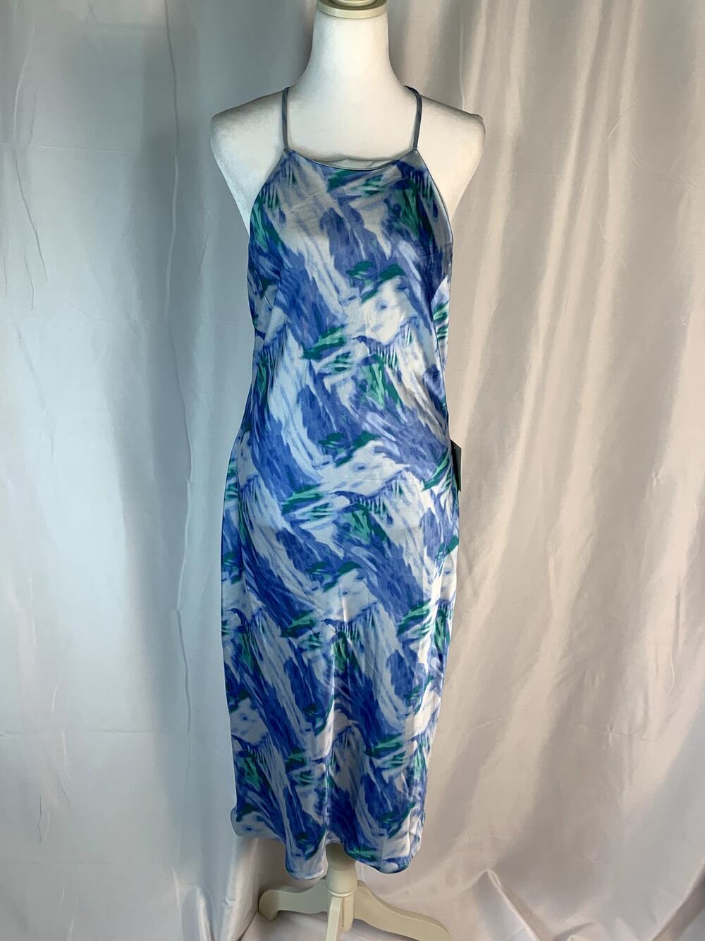 Pear Culture Juniors Printed Satin High Neck Midi Dress Blue Size M NWT